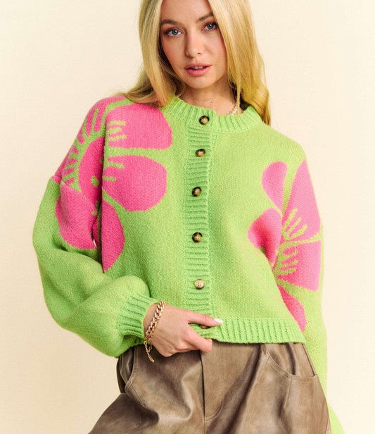 Davi & Dani Women Cardigan Flower Lime Round Neck Long Sleeve Sweater Lime dbd842f0-f20c-4ff8-8d2b-ac5b65481066-Max Trendsi