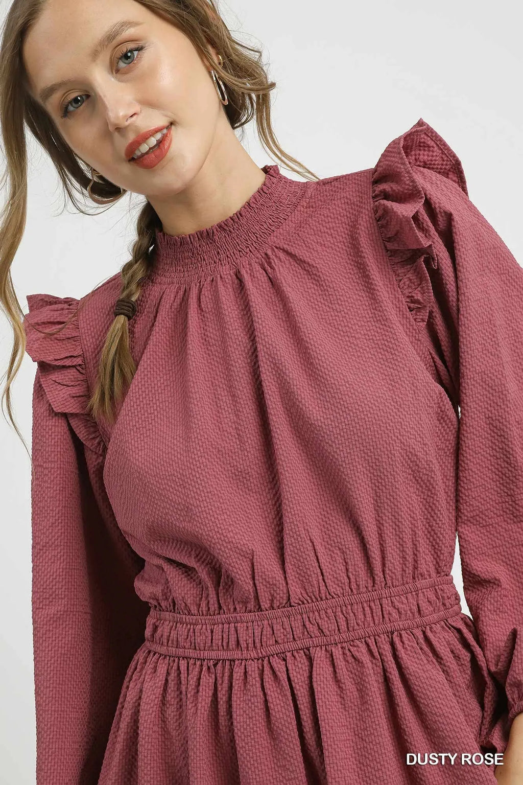 Umgee Midi Dress Dusty Rose Textured with Ruffle Shoulder Long Sleeve Smocked dbd919f1-eb01-4ccb-bd44-cc2df437f8b6-Max-Origin_109f4681-a65b-459a-97cd-79c4754da10c Trendsi