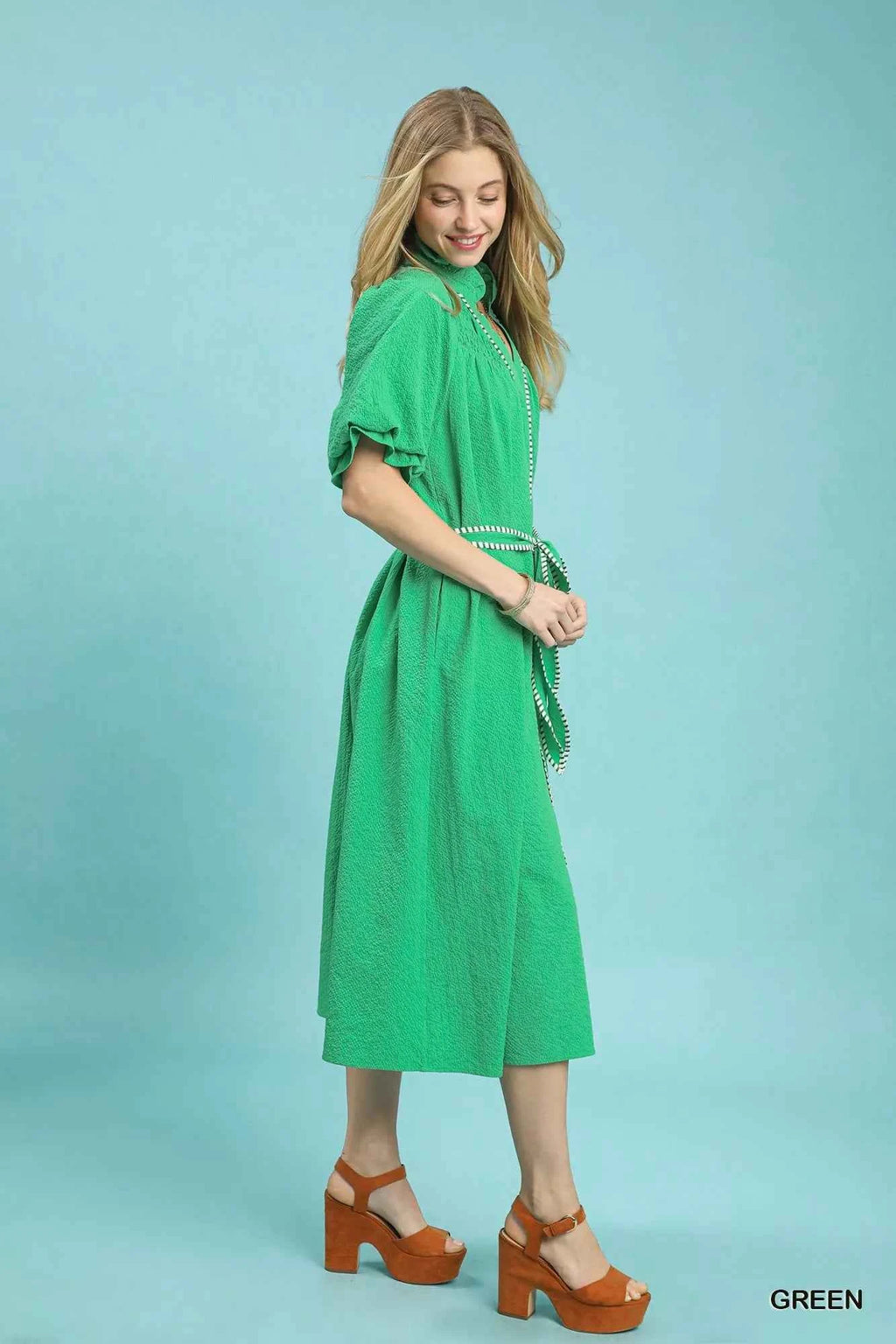 Umgee Midi Dress Green Ruffle Collar Belted with Stripe Trim Short Sleeve dbf84648-6b2a-4767-8343-2af81f629568-Max-Origin Trendsi