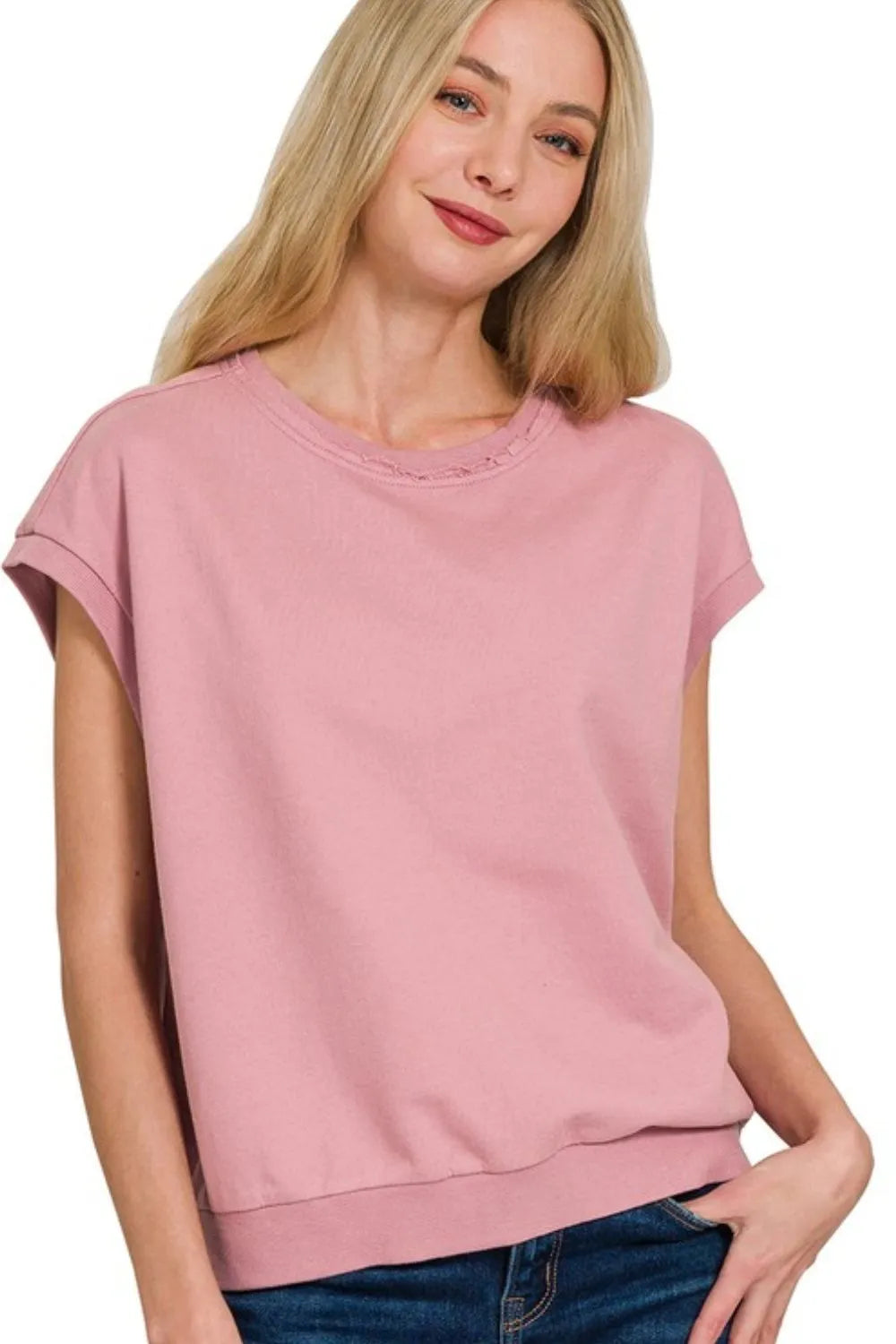 Zenana Cotton T-Shirt French Terry Round Neck Cap Sleeve Light Rose LT ROSE dbfd371a-e87b-44e1-bb56-d55cacca3e24-Max-Origin Trendsi
