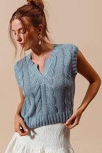 SO ME Sweater Vest Cable Knit Notched Neck Denim Gray Knit Top dbfef591cd0a42dea7430e8decb14817-Max-Origin Trendsi