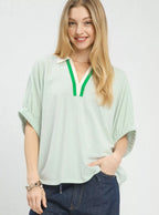 Umgee Blouse Green Contrast Collar V-Neck Top Short Sleeve GREEN dc01edf4-c159-4f4d-8e9e-d59aa15f2ed3-Max-Origin Trendsi