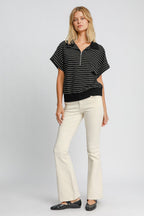 Umgee USA Striped Black Sweatshirt Cotton Blend Half Zip Short Sleeve Collared dc04ad0d-b262-49b6-881b-025c4751a065-Max Trendsi