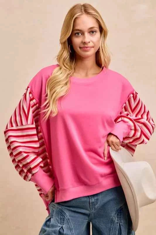 BiBi Women Sweatshirt Pink French Terry Red Stripe Combo with Open Seam Top dc08d688ecc64941b38f44aedf54581c-Max-Origin Trendsi