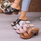 Open Toe Block Heel Sandals with Mid Heel Height in PU Leather and Rubber