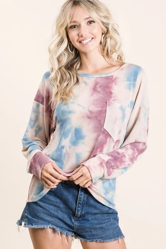 BiBi Womens Blouse Tie Dye Lavender Blue Print Terry Top With Front Patch Pocket dc1cae28968e438cbac84cfeb12ca4ae-Max-Origin Trendsi