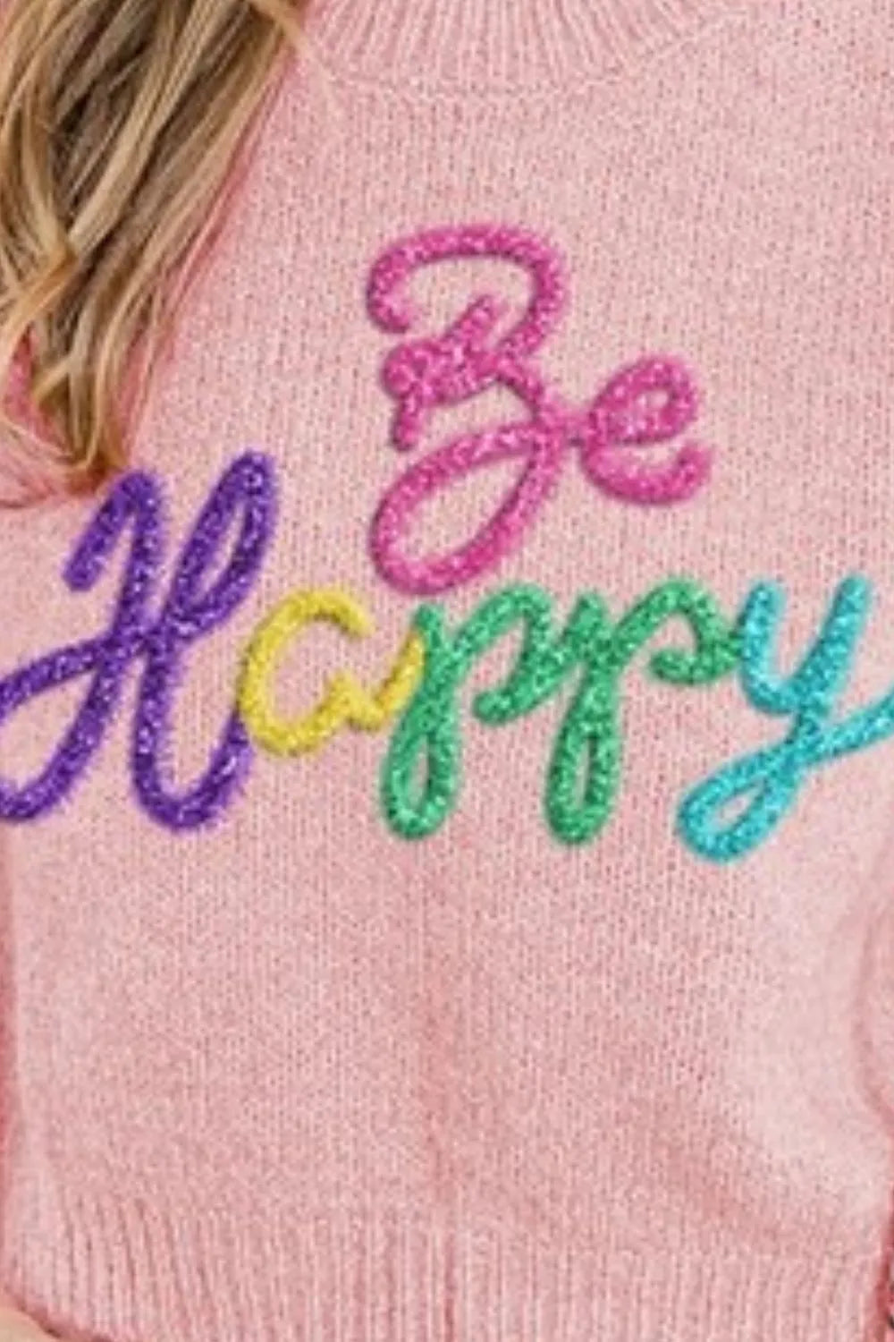 BiBi Hairy Sweater Be Happy Metallic Letter Short Puff Sleeve Knit Top dc269cde-c75c-4fc3-9196-039656840cdf-Max-Origin Trendsi