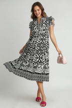 Umgee Midi Dress Floral Black Two Tone Border Print Ruffle Cap Short Sleeve dc299e66-eb83-40ce-be49-b3ccc87a7643-Max Trendsi