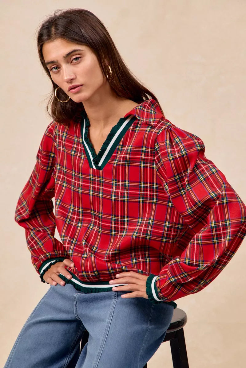 BiBi Christmas Womens Blouse Red Plaid Collared Top with Ruffled Detail dc2c7dddbb614bfda2bc1a62ab1bb9cc-Max-Origin Trendsi