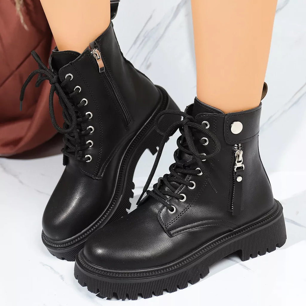 Women's Boots Black Pu Leather Round Toe Block Mid Heels Shoes dc2e7ebb714f4e4b859c39b1e95b49e4-Max-Origin Trendsi