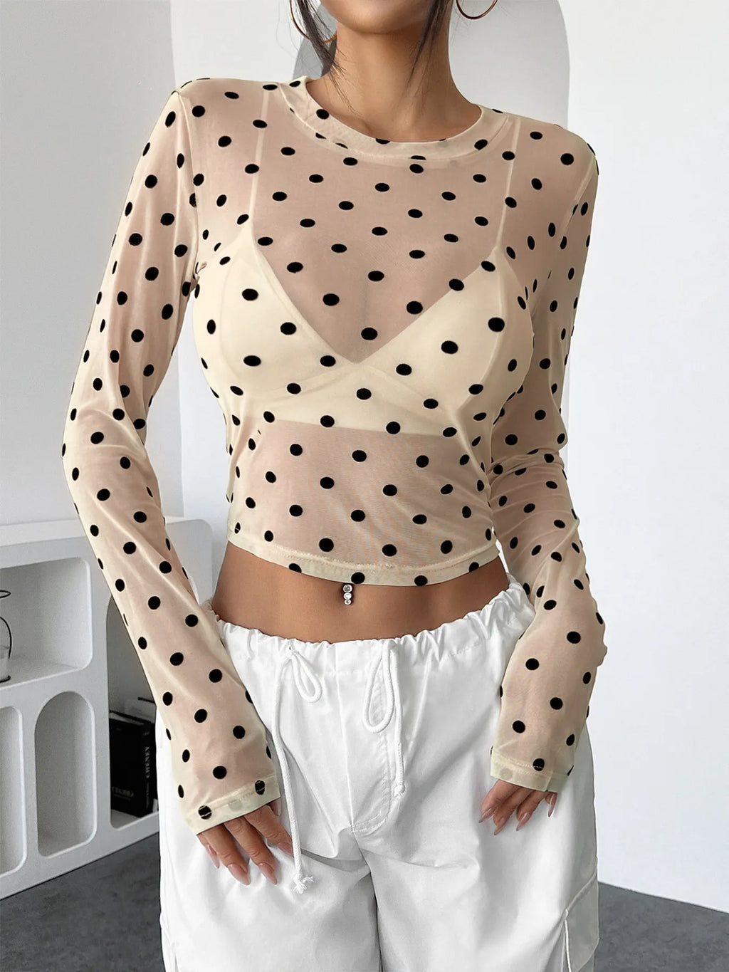 Women's Mesh Crop Top Polka Dot Long Sleeve Sheer Blouse dc3536ccd7c34736a1ac8e020f711f32-Max-Origin Trendsi