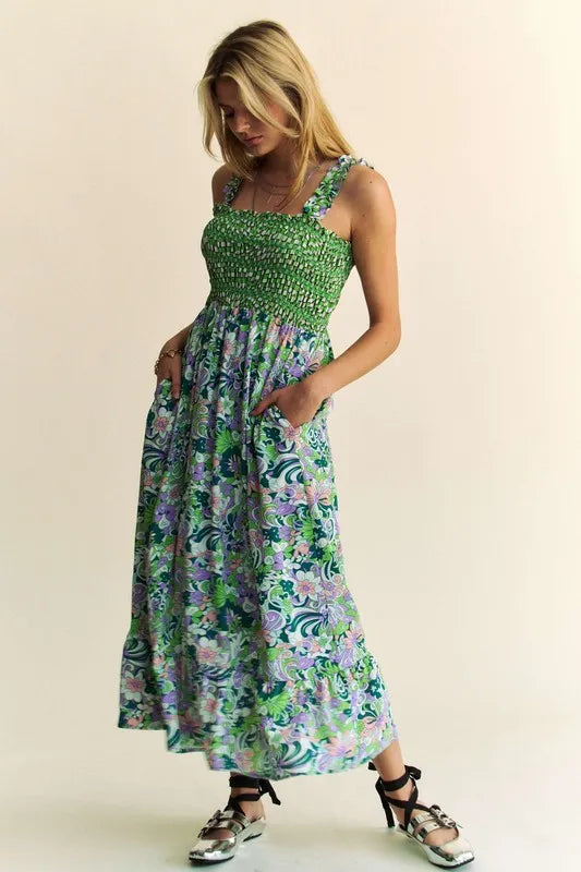 Davi & Dani Midi Dress Multi Green Floral Smocked Bodice Geo Ruffle Strappy dc3916c16ccd4f818bfa949fc130dbc7-Max-Origin Trendsi