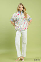 Umgee Womens Shirt Jacquard Blue Floral Mix Print Short Sleeve Top dc41be50-3c2f-4e89-99af-3aac2dde858b-Max-Origin Trendsi