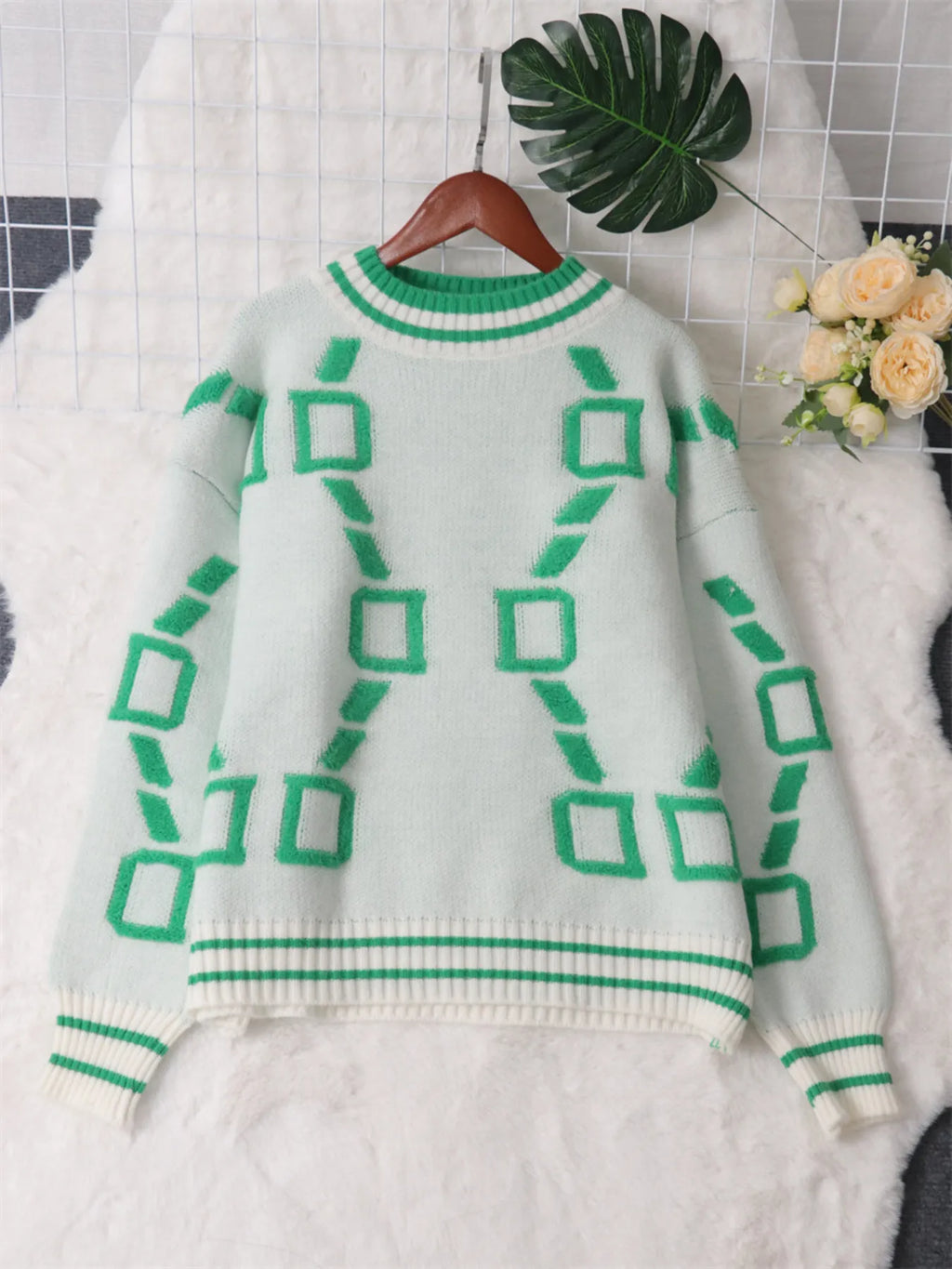 Women's Sweater Contrast Round Neck Long Sleeve Oversized Ribbed dc43af3ca0a845dcb45e229b3064e80e-Max-Origin Trendsi