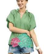 Umgee Floral Embroidered Hem Blouse