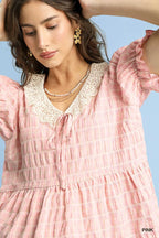 Umgee Blouse Pink Ruffled Short Sleeve Gingham Lace Peplum Smocked Top dc5ec98a-e9cb-4299-a003-6e7a5cf7d6a4-Max-Origin Trendsi