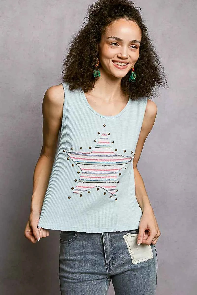 POL Round Neck Stud Point Ribbed Tank with Stripped Star Patch