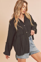 Aemi+Co Shirt Women's Raw Edge Exposed Seam Long Sleeve Cotton Black Blouse dc646557-fdef-4544-ad08-a17fc7059752-Max Trendsi