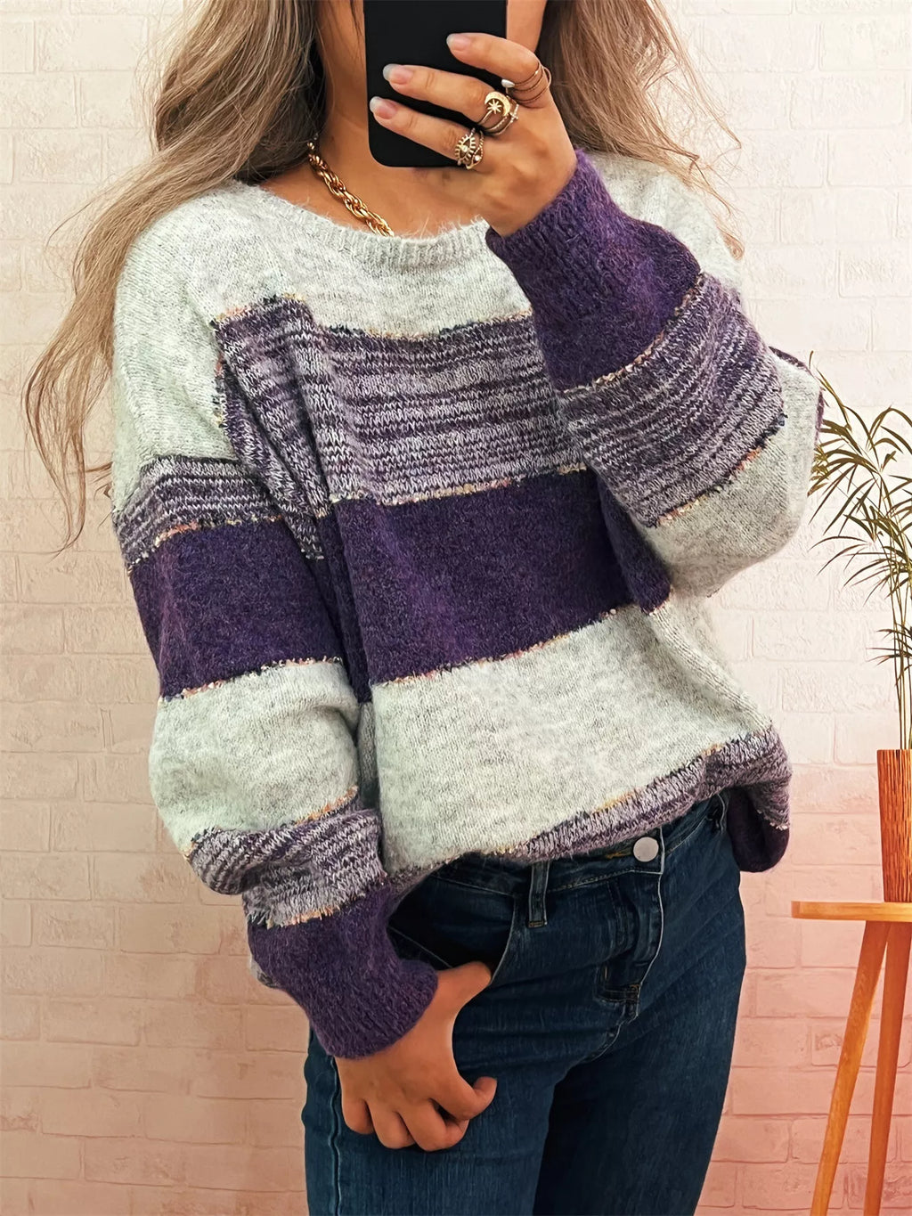 Women's Sweater Color Block Stripe Dropped Shoulder Knit Pullover Purple One Size dc6f2ddce18944099a342cefd702ccc7-Max-Origin Trendsi