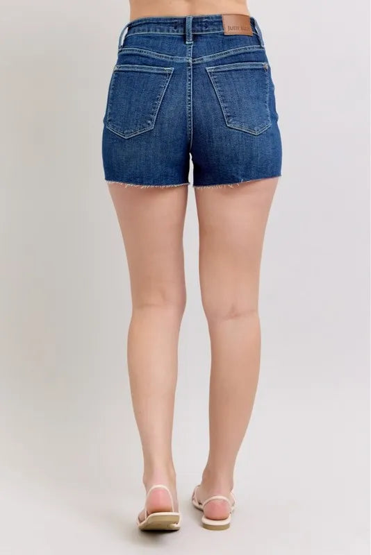Judy Blue Denim Shorts High Waist Criss-Cross Waistband Dark Blue dc80e8b949bd4333af1a3889c7081a11-Max-Origin Trendsi