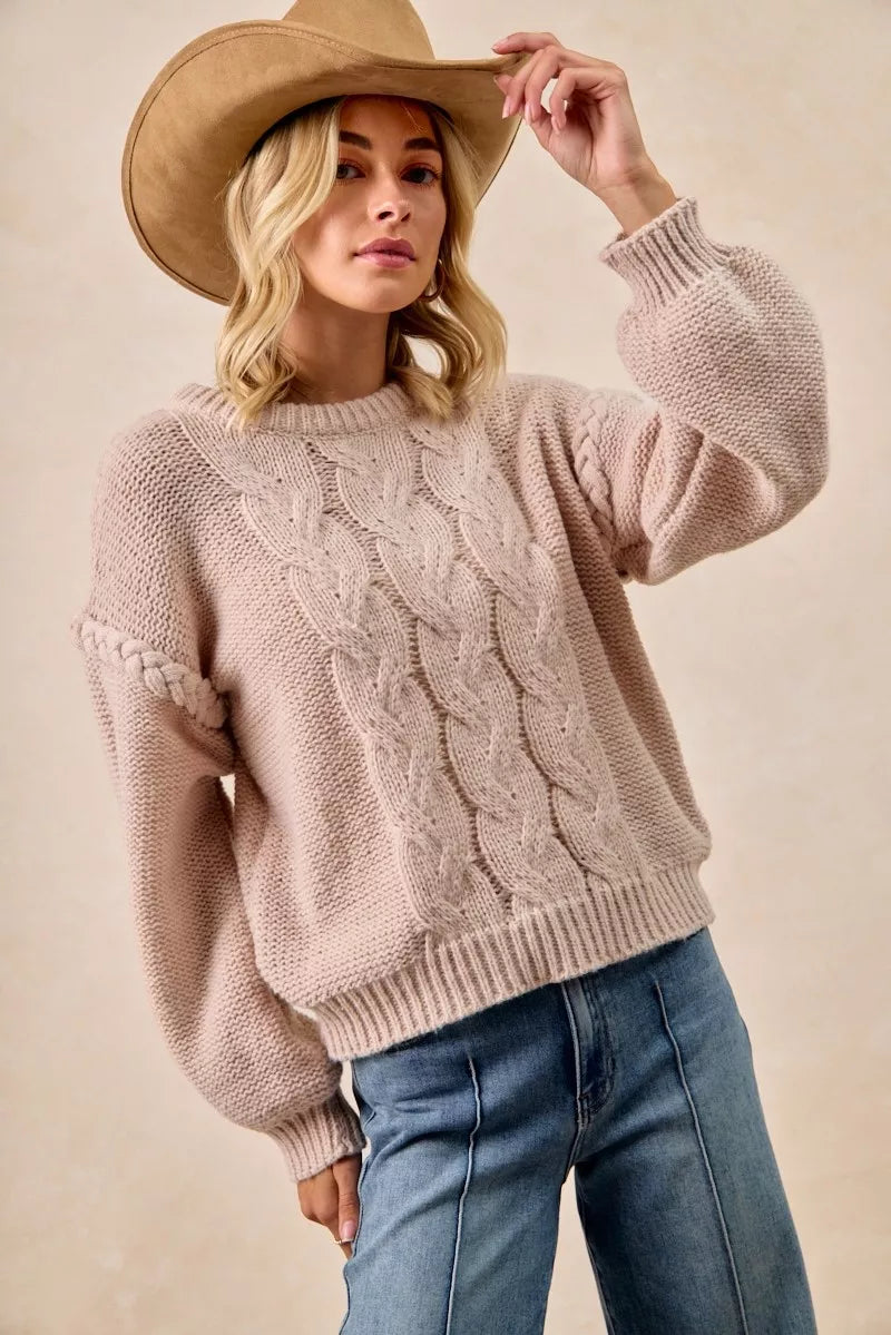 BiBi Sweater Cable Knit Womens Mocha Pullover with Shoulder Braid Detail dc8540058fd048cc9155e5212b0b61e5-Max-Origin Trendsi