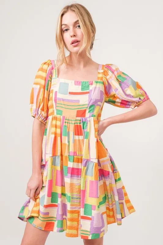 And The Why Mini Dress Geo Yellow Colorful Printed Square Neck Puff Sleeve dc8683d43f0e45f3a04565f79fc80066-Max-Origin Trendsi