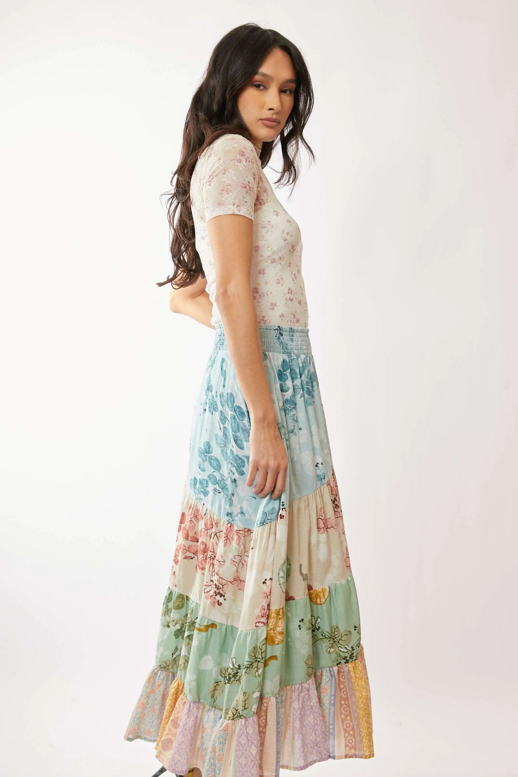 Davi & Dani Floral Mesh Top Women's Mock Neck Short Sleeve Blouse dc8d1bf98b7147eca837b7a68ee88c52-Max-Origin Trendsi