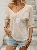 Women's Knit T-shirt Daisy Flower Embroidered V-Neck Half Sleeve dc8d7ed6-e074-4d12-9d2a-8a74f461912f-Max-Origin Trendsi
