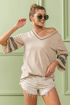 BiBi Cotton T-shirt Triblend Knit with Leopard Short Sleeve Band Detail Top dc8fb8df13b845eb9c7d782c0f0de738-Max-Origin Trendsi