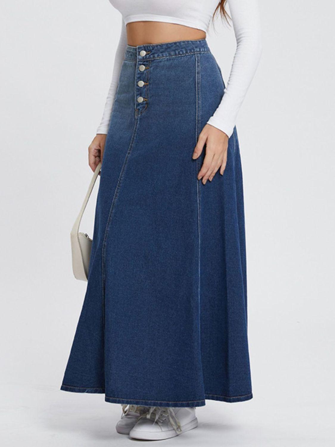 Midi Denim Skirt Button-Fly Hight Rise Flared A-Line