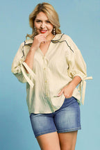 Umgee Shirt Ecru Embroidered Detail Short Bow Sleeve Top dcb2972e-6e62-40cd-86e5-417c9c15d7e0-Max Trendsi