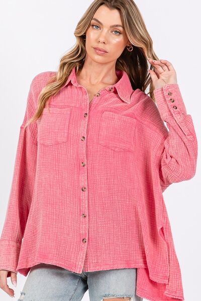SAGE + FIG Cotton Shirt Pink Frayed Hem Side Slit Button Down Oversized Top dcb42645-bbc4-4e42-9e4e-7bda0e65e32e-Min Trendsi