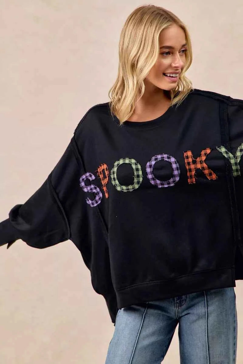 BiBi Women Sweatshirt Oversized Black Spook Plaid Letter Print Long Sleeve Top dcc4ca4a868e4d14b5e5f3ebfc529557-Max-Origin Trendsi