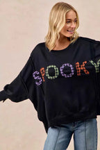 BiBi Women Sweatshirt Oversized Black Spook Plaid Letter Print Long Sleeve Top dcc4ca4a868e4d14b5e5f3ebfc529557-Max-Origin Trendsi