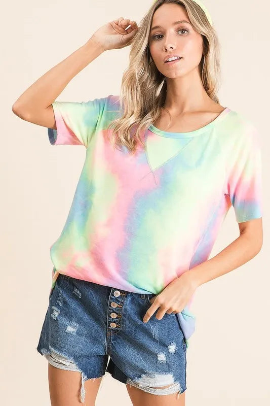 BiBi Women T-shirt Tie Dye Pastel Multi Color French Terry Print Top dcc5243396d84c698ef88ec995afde92-Max-Origin Trendsi