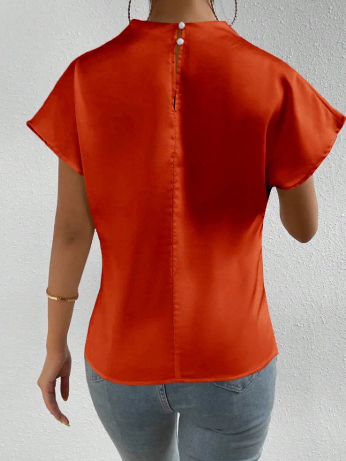 Satin Blouse Mock Neck Pleated Short Sleeve Basic Style Top dcca27b1-aa8d-4566-bee9-cc74cdd63076-Max-Origin Trendsi