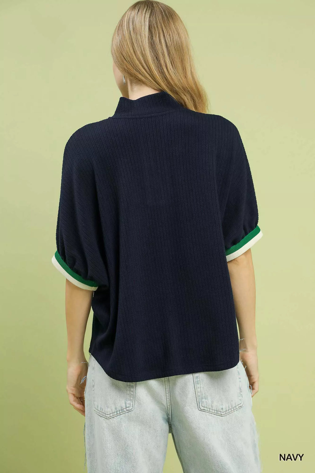 Umgee Womens Blouse Navy Textured Knit Top with Striped Contrast Trim dcdfcc74-0ece-4776-86ee-6ddea903bde3-Max-Origin Trendsi