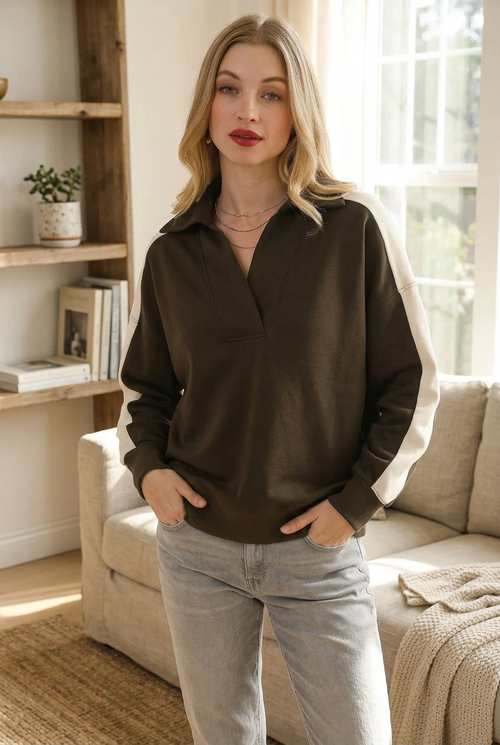 Umgee Women's Oversized Color Block Polo Sweatshirt - Brown & Cream