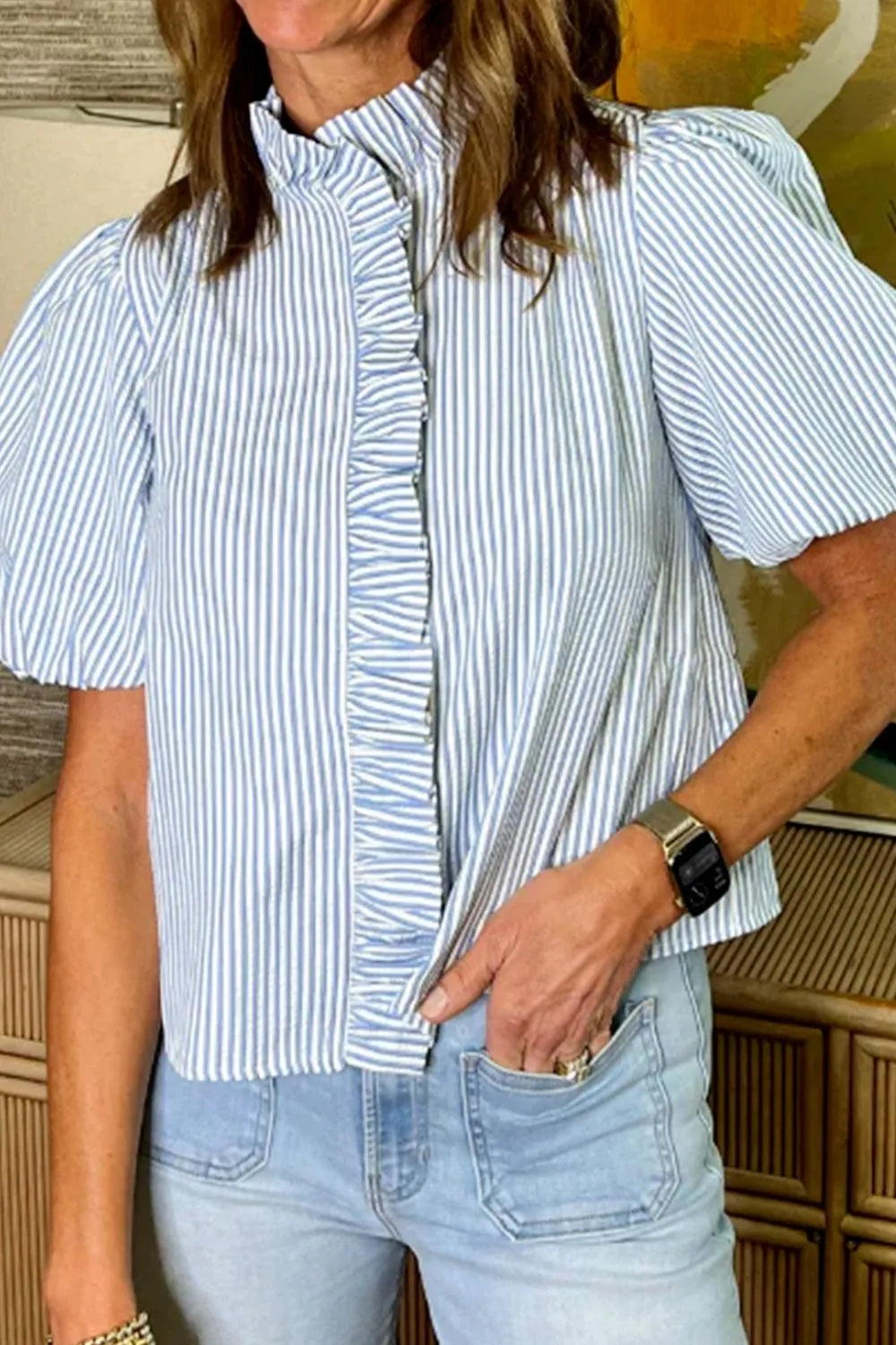 Women's Shirt Striped Ruffle Short Bubble Sleeve Mock Neck Light Blue dce56ff1-36b8-49a0-98af-e3ad0ce881a1-Max-Origin Trendsi