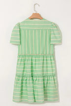 Ruffle Dress Stripe V Neck Green Short Sleeve Frilled Detail dcea6958-1828-4f51-8830-5f1b78a29830-Max-Origin Trendsi