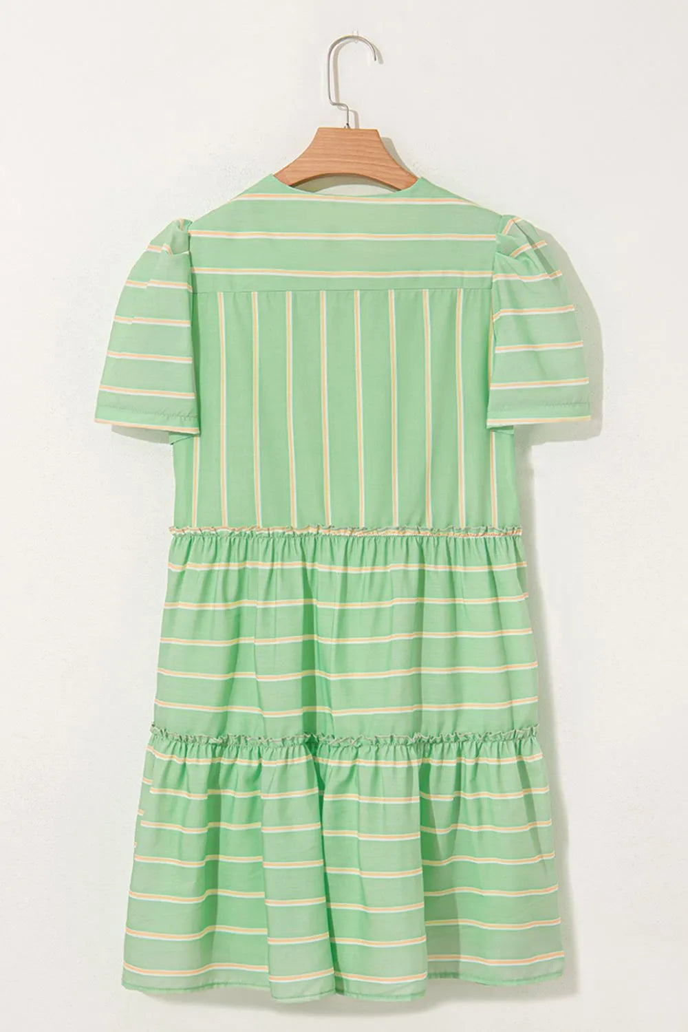 Ruffle Dress Stripe V Neck Green Short Sleeve Frilled Detail dcea6958-1828-4f51-8830-5f1b78a29830-Max-Origin Trendsi