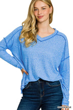 Zenana Womens Blouse Ocean Blue Soft Melange Hacci Exposed Seam Hi-low Tee dceabac076c047f2a0053ecac2b19a27-Max-Origin Trendsi