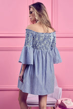 BiBi Short Dress Off Shoulder Denim Blue Striped Smocked Ruffled dcf120d7edb94ef4b45622528260543e-Max-Origin Trendsi