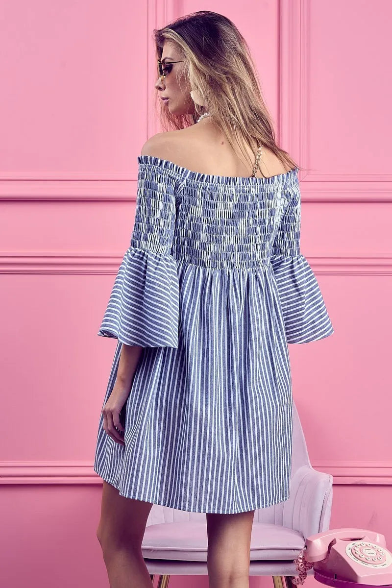 BiBi Short Dress Off Shoulder Denim Blue Striped Smocked Ruffled dcf120d7edb94ef4b45622528260543e-Max-Origin Trendsi
