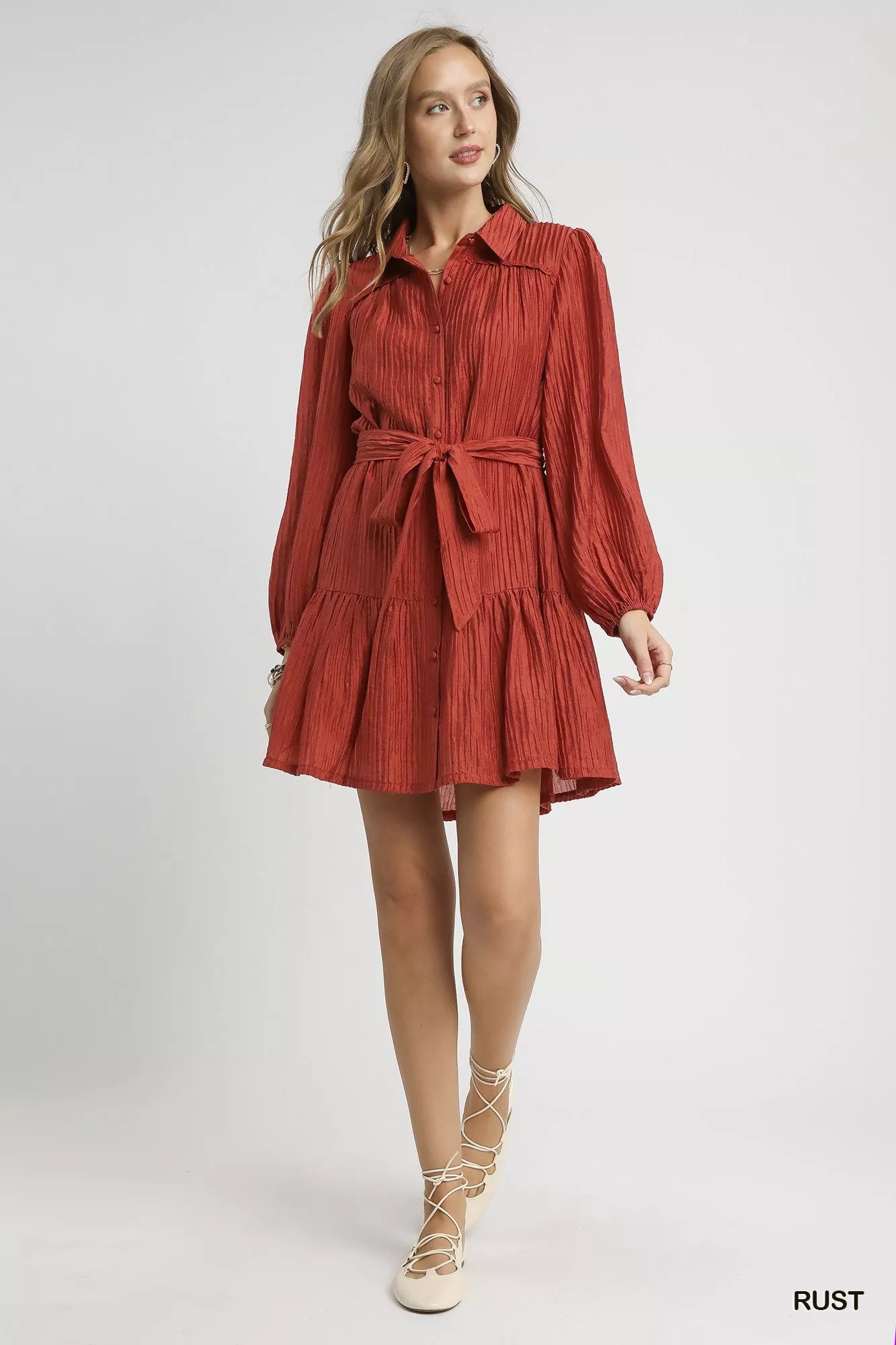 Umgee Mini Shirt Dress Crinkle Rust Button-Front Tiered with Waist Tie dcf498fa-4906-48c4-8a87-fdcf1459b0a7-Max-Origin Trendsi