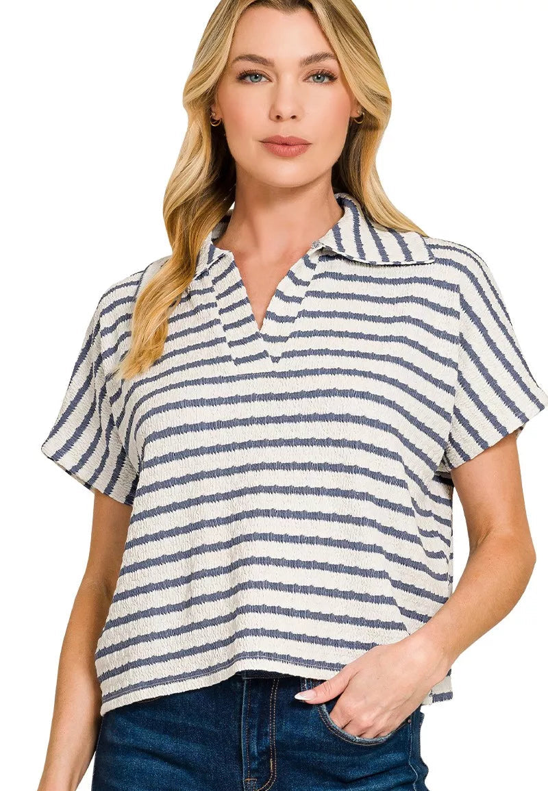 Zenana Blouse Blue Striped Split Neck Collared Top Short Sleeve DENIM dcff17251c93400fa5d66ff013622cd5-Max-Origin Trendsi