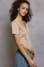 POL Womens T-shirt V-Neck Short Sleeve Top with Stitch Seam Detail Soft Pink dd0f1c28-b5b7-4bc2-936d-f24efbf03807-Max-Origin Trendsi