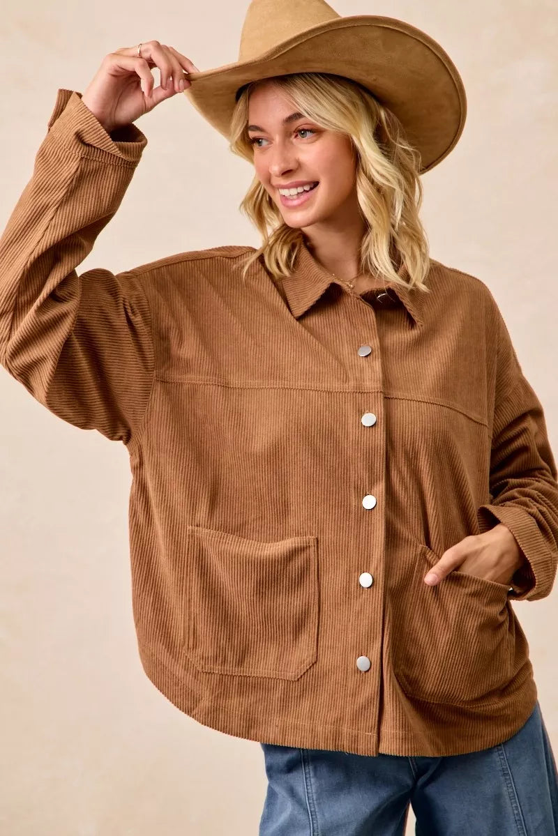 BiBi Corduroy Womens Shacket Camel Relaxed Fit with Back Pleat dd0fa2092e1a4744bf25aa9f0222902c-Max-Origin Trendsi