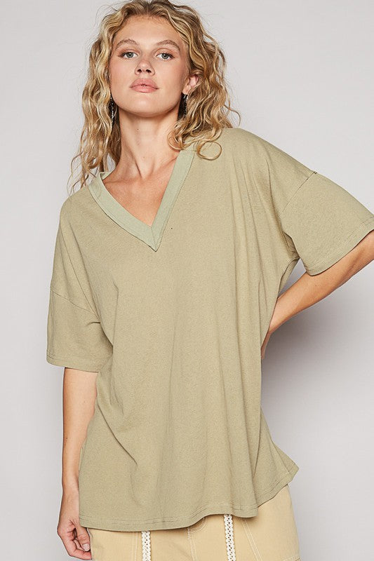 POL Women T-Shirt V-Neck Half Sleeve Dried Moss Cotton Blend Top Tees Dried Moss dd136af5-dfb6-4448-a0ad-685e9574ccb4-Max Trendsi
