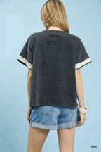Umgee Blouse French Terry Top with Flower Patch Short Sleeve Ash Gray dd1cc32d-2b13-4153-a4df-0f04b42b475c-Max-Origin Trendsi